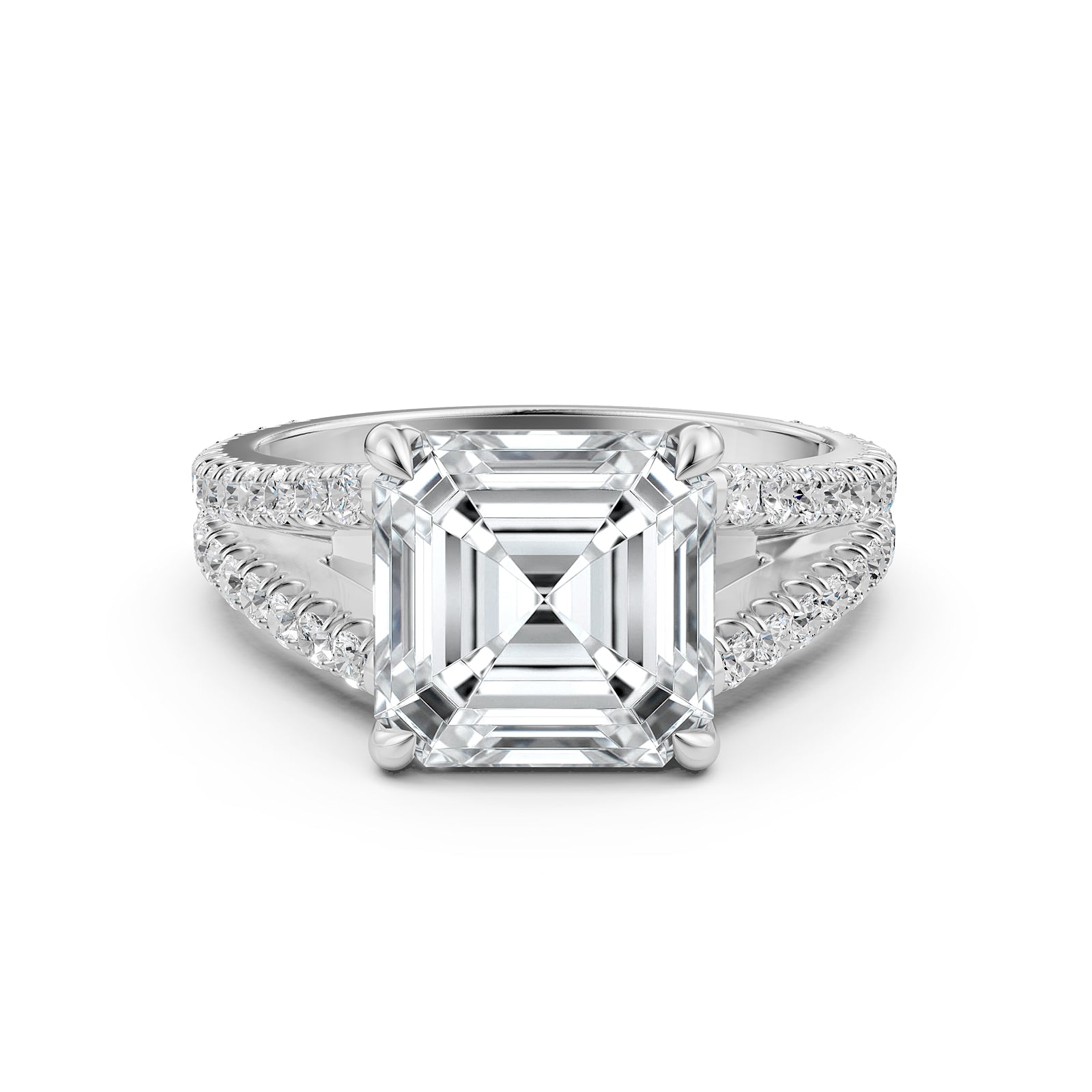 Asscher Split Shank Lab Grown Diamond Engagement French U Pave Set Ring